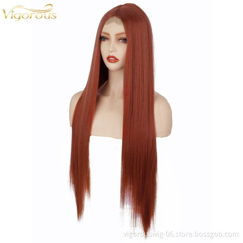 Natural Cosplay High Quality Long Cheap 30 Inch Synthetic Hair Fiber Wigs Pre Plucked Hair Line Wig Frontal Lace Black Women